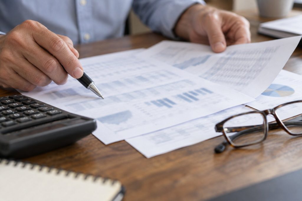 Hands reviewing printed financial statements with a pen, calculator, and reading glasses on a desk