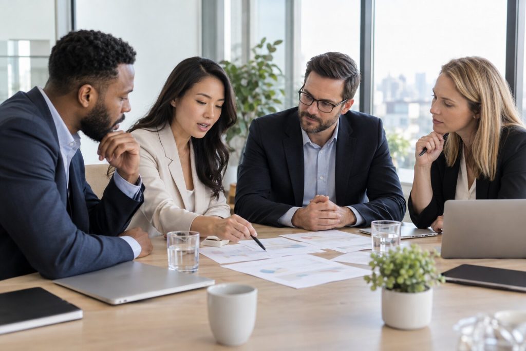 Four professionals discussing printed financial reports around a conference table