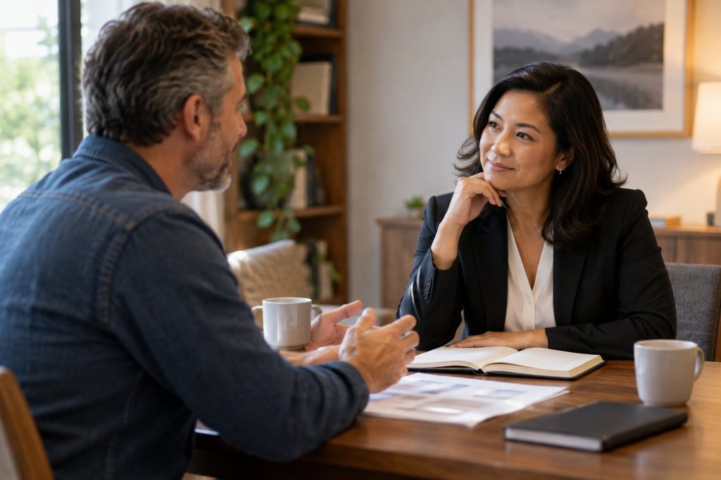 Business owner talking with a financial advisor across a table in a quiet office